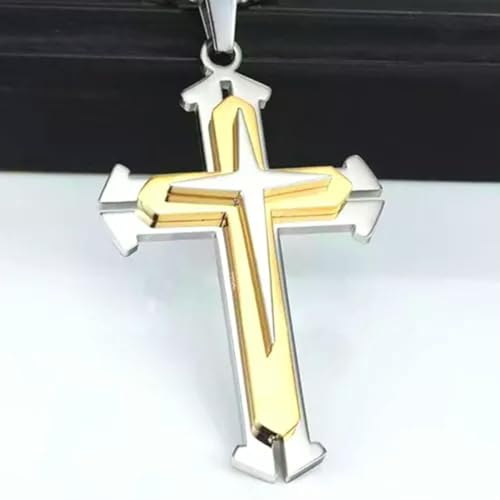 Herren-Halskette mit Kreuzanhänger, silberfarben, schwarz, goldfarben, blau, Kruzifix, christlicher Schmuck, 61 cm, Gold