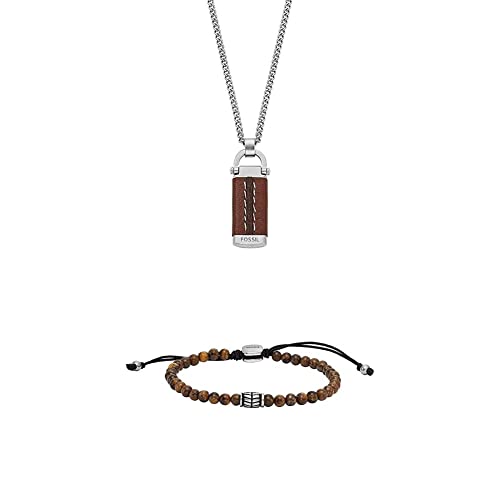 Fossil Herrenkette Heritage D-Link Anhänger Edelstahl, JF04399040 + Herrenarmband Beads Tigerauge, JF04413040