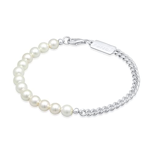 Kuzzoi Buddha Herren Armband aus einer Panzerkette in 925 Sterling Silber und Muschelkernperlen, Perlenarmband für den Mann, Länge 21 cm