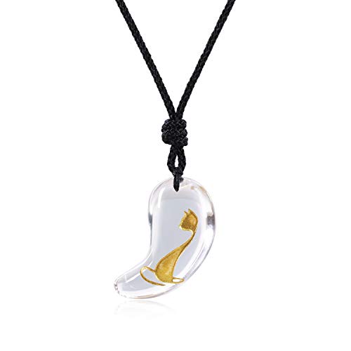 COAI Geschenkideen Unisex Japanische Magatama Kommaförmige Horn Anhänger aus Bergkristall Katze Symbol Amulett Glückskette