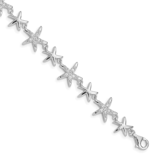925er Sterlingsilber, offener Rücken, ausgefallener Karabinerverschluss, 18,4 cm, abwechselnd, poliert und CZ Zirkonia, künstlicher Diamant, Muschel, nautisches Seestern-Armband, Schmuck, Geschenke für Frauen, Metall, Zirkonia