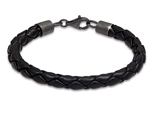Kuzzoi Herren Lederarmband schwarz geflochten, Herrenarmband Echtlede (6 mm) Braided-Optik mit Karabiner Verschluss aus 925 Sterling Silber oxidiert, Länge 19 cm