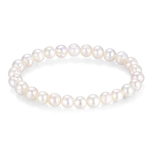 LUINNO Perlenarmband mit echten Natur Süßwasserperlen in Barocker Form | Weiße Zuchtperlen in Hochglanz Ø 8mm 19 cm lang | Damen Perlen Armband Armkette Charm Pearl Bracelet
