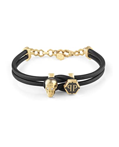 Philipp Plein Herren Armband Leder Edelstahl IP Gold 3D SKULL PJ8AA21BU
