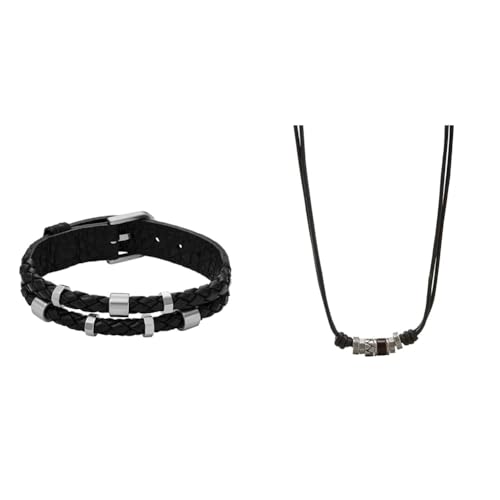 Fossil Armband für Männer Leather Essentials, Schwarzes Lederarmband, Länge: 256mm, Breite: 13.7mm, JF04473040 & Herren Kette Leder