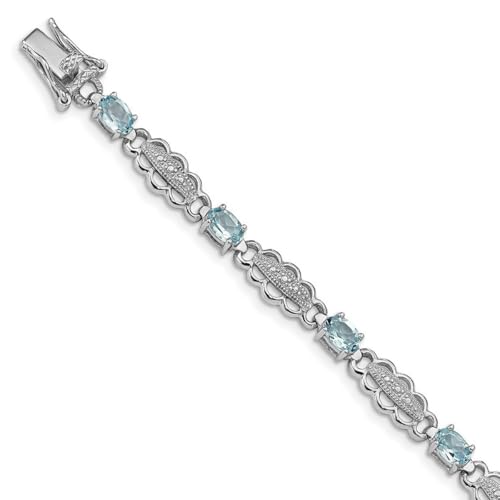 Armband aus 925er Sterlingsilber, strukturiert, poliert, Aquamarin und Diamant, 7 mm breit, Schmuckgeschenk für Frauen, 18 cm, Metall, Weißer Diamant