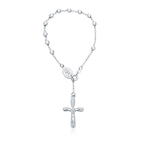 Religiöse Jesus Crucifix Cross Virgin Mary Rosenkranz Gebet Perlen .925 Sterling Frauen Kommunion 3Mm Bead 6.5 Inch