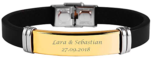 Hanessa Personalisiertes Armband mit Gravur für Männer und Frauen Edelstahl Leder schwarz gold Länge 22 cm | Personalisierte Armbänder mit Namen Herren Damen