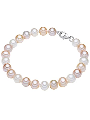 Valero Pearls Damen Perlenarmband Süßwasser-Zuchtperlen 7-8 mm Potato weiß/apricot/flieder 925 Sterling Silber - Armband geknotet echte Perlen