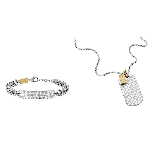 Diesel Armband für Männer Edelstahlkettenarmband, Länge: 198mm+25mm, Breite: 49.2mm, Höhe:10.6mm,DX1429931+ Zweifarbige Edelstahl Hundemarke, Länge: 600mm+50mm, Breite: 20.5mm, Höhe: 41mm, DX1431931