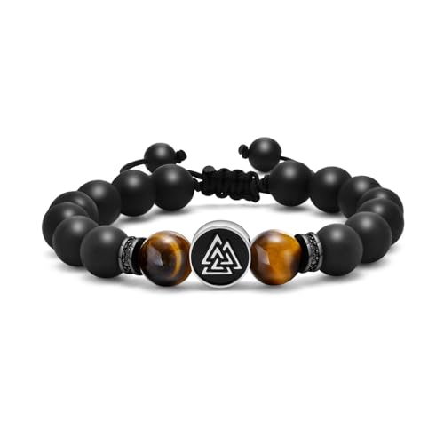 Herren Armband Perlenarmband Wikinger Schmuck - 10mm Schwarz Echt Onyx Steine Tigerauge Perlen Armbänder mit Silber Valknut Charme Elastische Naturstein Stein Viking Bracelet Geschenke für Männer