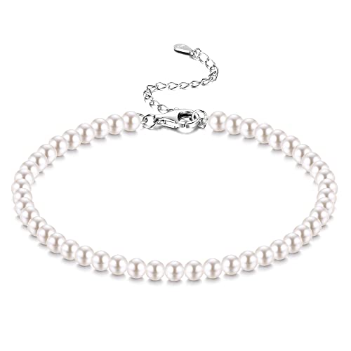 JeweBella 4MM/6MM/8MM Perlenarmband Damen Silber 925 Armband Perlen für Frauen Mädchen Länge 18+6CM Verstellbar Klassische Weiß Pearls Armband mit Box