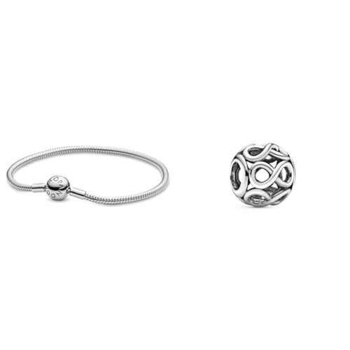 Pandora Damen-Armband mit Kugelverschluss, glatt 925 Silber 18 cm-590728-18 & Offen gearbeitetes Unendlichkeits-Charm Sterling-Silber 11 x 11 x 9,8 mm (T/H/B)