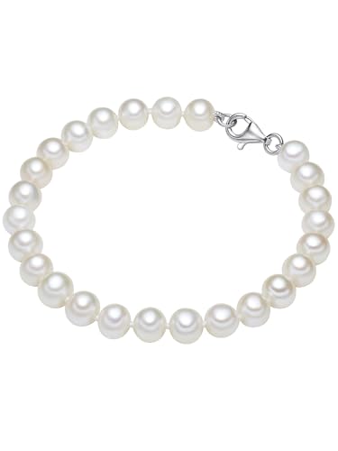 Valero Pearls Damen Perlenarmband Hochwertige Süßwasser-Zuchtperlen 7-8 mm Rund weiß 925 Sterling Silber - Damenarmband mit echten Perlen geknotet