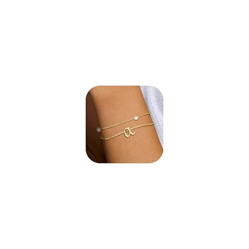 Dochais Armband Damen Buchstaben - 14K Gold Vergoldete Charm Armbänder mit Initialen, Wasserfestes Perlen Buchstaben Armkette Set für Frauen Mädchen, Goldene Bracelet Schmuck Geschenk
