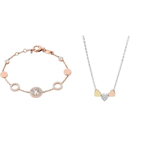 Fossil Women's Rose-Gold Bracelet and Multicolor Necklaces, Stainless Steel, Set