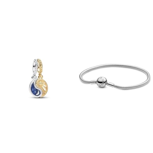 PANDORA Bicolor Teilbarer Sonne & Mond Charm-Anhänger aus Sterling Silber & Damen-Armband mit Kugelverschluss, glatt 925 Silber 17 cm-590728-17