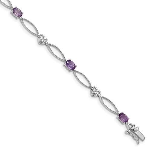 Armband aus 925er-Sterlingsilber, strukturiert, poliert, Kastenverschluss, Diamant und Amethyst, ovaler Funkelschliff, 4 mm breit, Schmuckgeschenke für Frauen, 18 cm, Sterling-Silber, Diamant