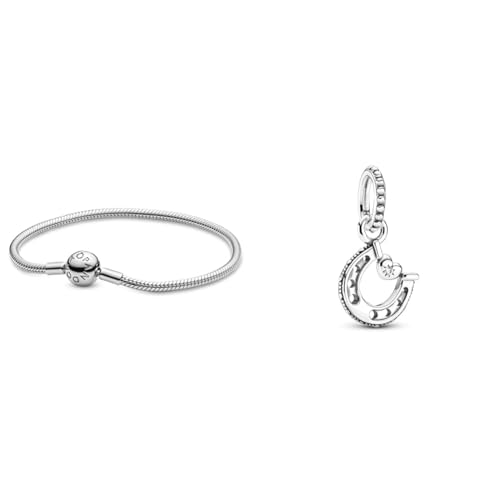 Pandora Damen-Armband mit Kugelverschluss, glatt 925 Silber 18 cm-590728-18 & Glückshufeisen Charm-Anhänger, Sterling-Silber799157C01