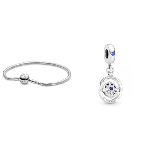 Pandora Damen-Armband mit Kugelverschluss, glatt 925 Silber 18 cm-590728-18 & Charm Anhänger Kompass Silber, Kristall blau 790099C01