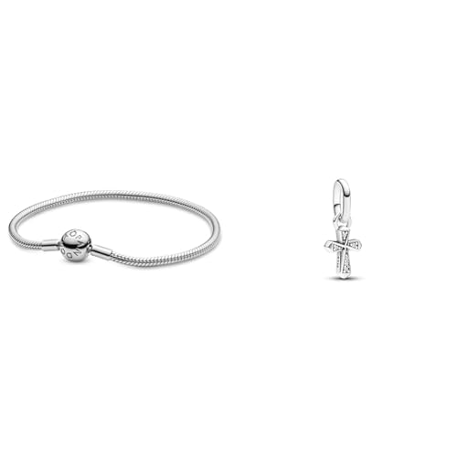 PANDORA Damen-Armband mit Kugelverschluss, glatt 925 Silber 17 cm-590728-17 & ME Funkelndes Kreuz Mini-Charm-Anhänger