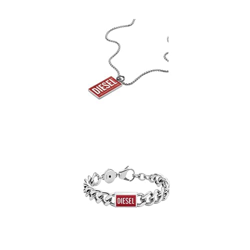 Diesel Herrenkette Dog Tag Logo Edelstahl, DX1368040 + Gliederarmband Logo Edelstahl, DX1371040