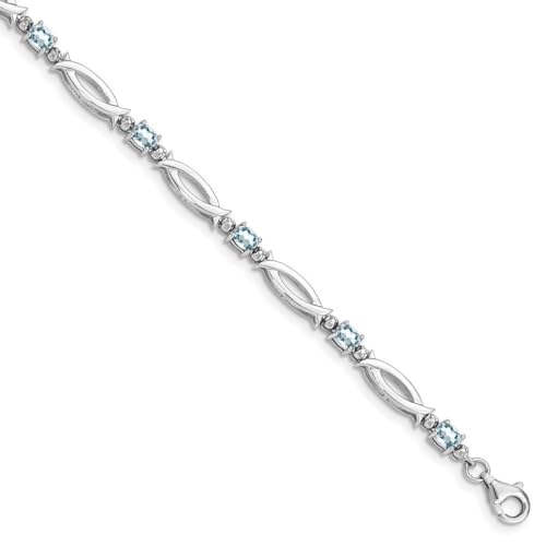 Armband aus 925er-Sterlingsilber, poliert, ausgefallener Karabinerverschluss, Aquamarin und Diamant, 3 mm breit, Schmuckgeschenke für Frauen, 18 cm, Sterling-Silber, Diamant