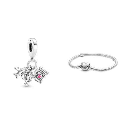 PANDORA Moments 799435C01 Flugzeug, Globus und Koffer Charm-Anhänger & Moments Schlangen-Gliederarmband mit Herz-Verschluss aus Sterlingsilber Moments Collection, Größe: 17 cm