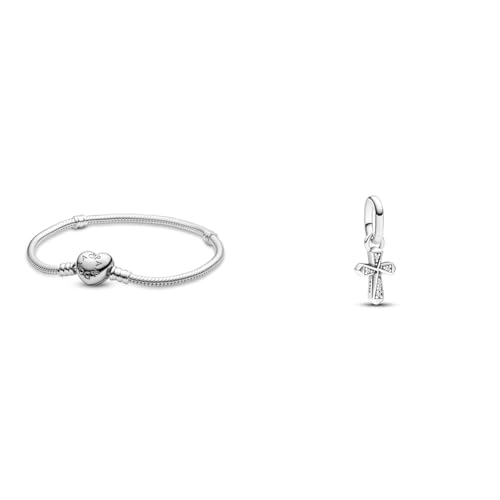 PANDORA Moments Schlangen-Gliederarmband & ME Funkelndes Kreuz Mini-Charm-Anhänger aus Sterling Silber mit Cubik Zirkonia, Kompatibel ME und Moments Armbändern, 793044C01