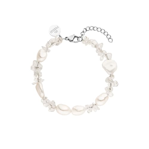 Purelei® Crystal Wave Armband Damen – Mit echten Keshi-Perlen & Bergkristall – Edelstahl 18K vergoldet/silber – Verstellbar 16–19 cm – Sommerliches Statement mit spiritueller Bedeutung (Silver)