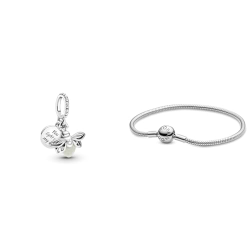 Pandora Charm Anhänger Silber Glow in the Dark- Glühwürmchen 799352C01 & Damen-Armband mit Kugelverschluss, glatt 925 Silber 18 cm-590728-18