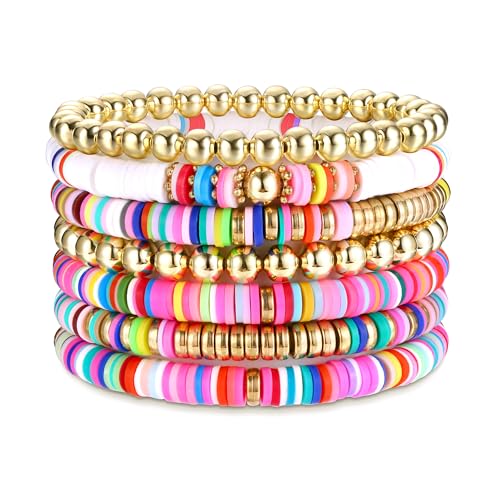 Dochais Surfer Armbänder Set Sommer - 7Pcs Regenbogen Boho Perlen Armband, Buntes Elastisches Seil Set, Strand Schmuck für Frauen Mädchen