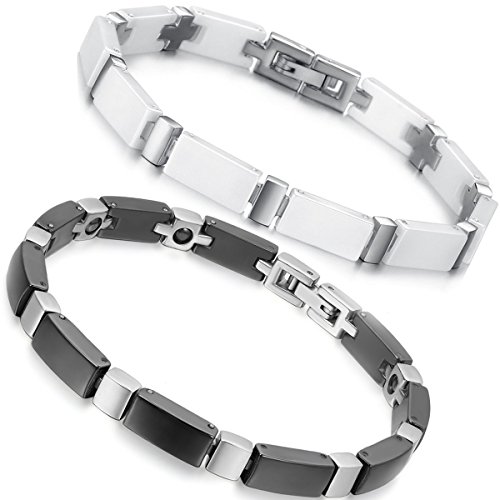 Flongo Keramik Armbänder Pärchen weiß schwarz Porzellan Paar Armband Edelstahl Armkette Freundschaftsarmbänder Partnerarmbänder Armreif 2 Stück für Damen Herren couple
