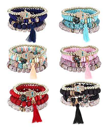 Kakonia 6 Sets Böhmische Stretch Perlen Armbänder für Frauen Mädchen Mehrreihiges Beads Armband Stapelbar Armband Set Multicolor Schmuck