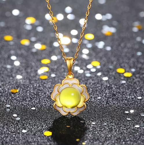 Halskette mit Anhänger aus natürlichem Bernstein, 18 Karat vergoldet, Kette, Blume, zierlicher Edelstein