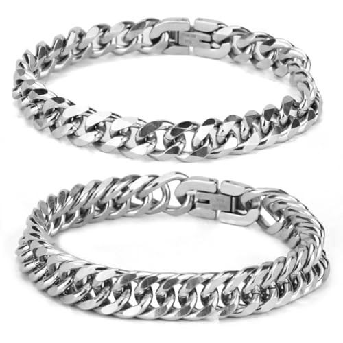 MSIHEY 2 Stück Herren Armband Edelstahl, Personalisierte Armbänder Silber Herrenarmbänder, Hip Hop Rapper Modeschmuck Geschenke für DAD Freund Ehemann Bruder (19cm)