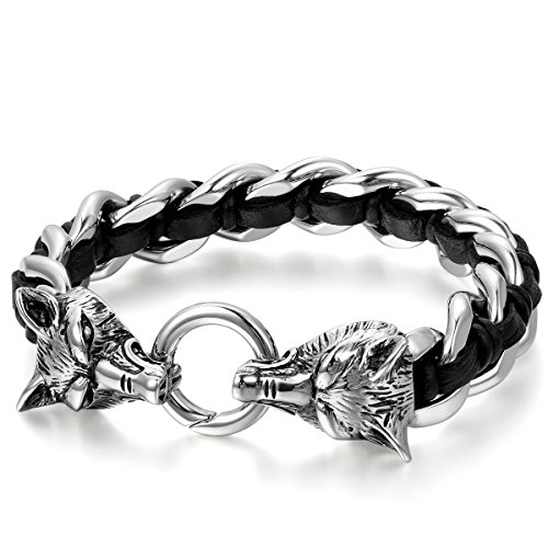 JewelryWe Schmuck Herren Armband, Gotik Wolf Kopf Geflochten Panzerkette Armreif, Echtleder Leder Edelstahl, Schwarz Silber