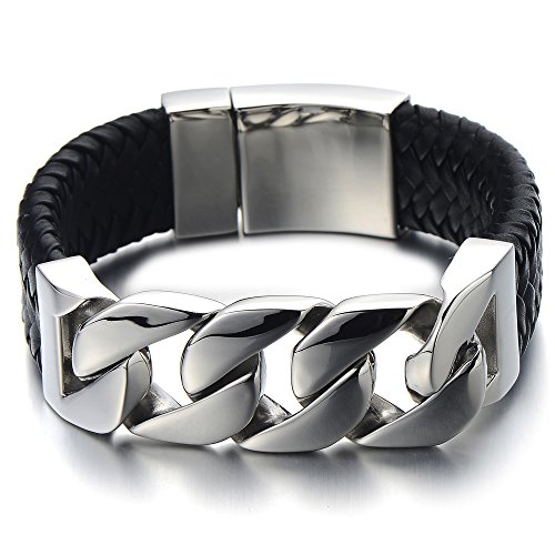 COOLSTEELANDBEYOND 23CM Großes Einzigartiges Geflochtenes Leder-Armband Panzerkette Armband für Herren aus Edelstahl und Echtem Leder