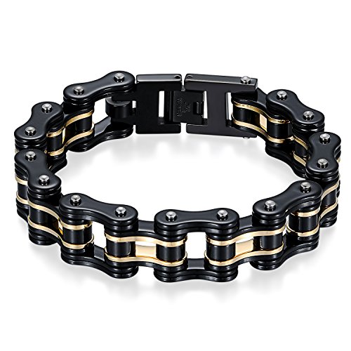 JewelryWe Schmuck Herren Biker Kette Armband, Groß Schwer Zwei Töne Hochglanz Poliert Fahrradkette Motorradkette Armkette Armreif aus Edelstahl, Schwarz Gold