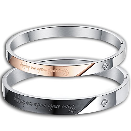 JewelryWe Pärchen Armreif Edelstahl Armband: 2pcs Herren Damen Armspange mit Gravur Your Smile Makes me Happy Zirkonia Freundschaftsarmband Valentinstag Paar Geschenk Rosegold Schwarz Silber
