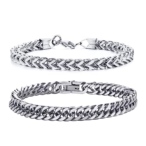 2 StüCke Herren Edelstahl Armband,Herren Armband Edelstahl Panzerkette,Edelstahlarmb and FüR Herren,21cm Herren Silber ArmbäNder,Armkette Hip Hop Rapper Modeschmuck Fur Papa Freund