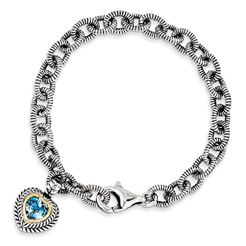 925 Sterling Silber Lünette, polierter Karabinerverschluss mit 14 Karat 6,43 Schweizer Blautopas 19,1 cm Liebesherz-Armband Schmuck Geschenke für Frauen, 19 cm, Metall, Blautopas