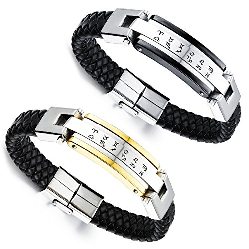 Aroncent 2PCS Herren Damen Edelstahl Leder Armband, 12 Tierkreis Sternzeichen Horoskop Charms Armreif Partnerschaftsarmband in Gold Silber Schwarz, Magnetverschluss