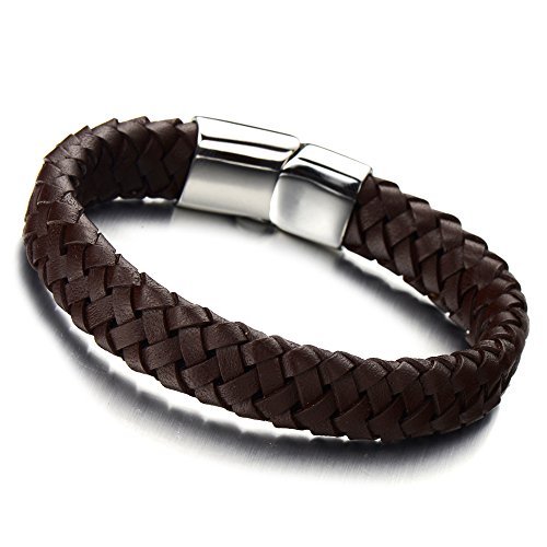 COOLSTEELANDBEYOND Unisex Braune Geflochtenes Leder-Armband für Herren für Damen Leder Armreif Schweißband mit Edelstahl Leiterverschluss