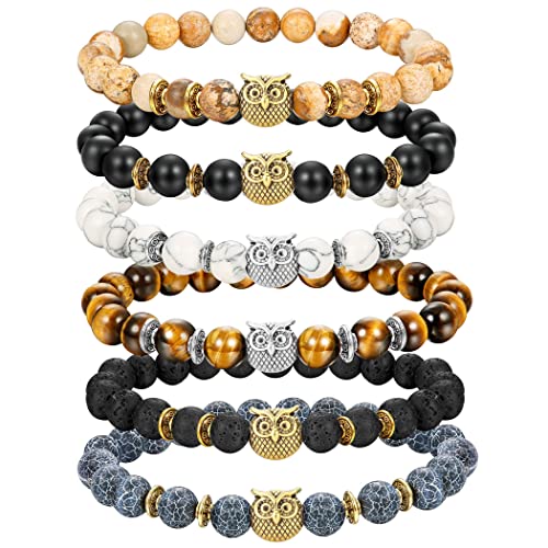 KALVICA 6 Stück 8 mm Perlen Armband für Herren Damen 7 Chakra Natürliches Tigerauge Armband Lavagestein Perlen Armband mit Eule Elefant Armband Schmuck Set Verstellbar