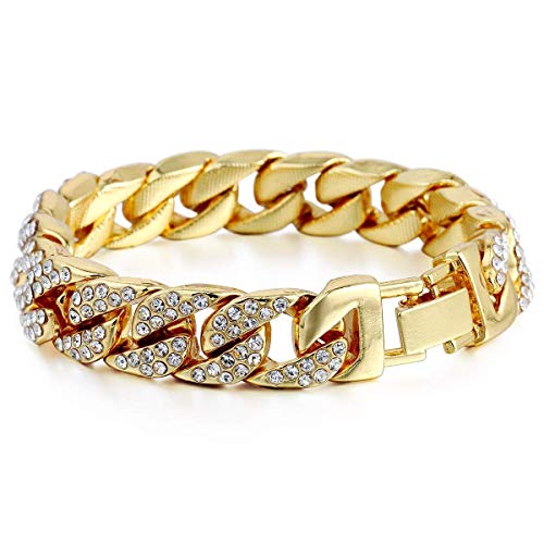 Fliyeong Premium Qualität 14 mm Herren Damen Hip Hop Iced Out Panzerarmband Kette Gold Pavé-Fassung