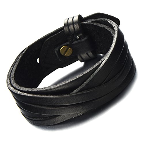 COOLSTEELANDBEYOND Klassiker Lederarmband Herrenarmband Schwarze Echtes Leder Schweißband Streifen-Design