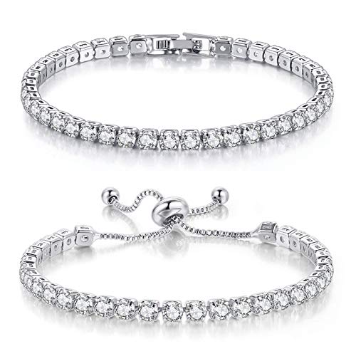 Tennisarmbänder für Frauen Weißvergoldeter Diamant AAA + Zirkonia CZ Zierliche Klassische Verstellbare Slider Armband Silber Freundschaftsarmband Modeschmuck Hochzeitsgeschenk