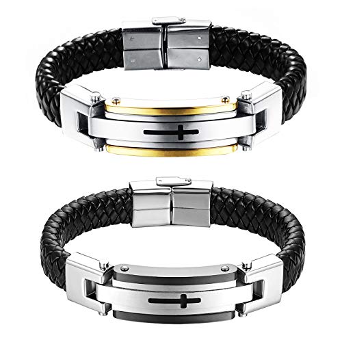 Flongo Herren Lederarmband Männer Herrenarmband, Edelstahl Leder Armband Armreif Lederarmband Manschette Silber Gold Schwarz Kreuz Motorradfahrer Biker Gotik Herren-Accessoires 2er Set