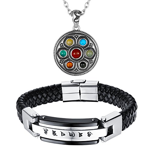 Aroncent Mantra Kette Anhänger Armband: 2 PCS Lederarmband Herren Edelstahl Armband Schwarz Armreif mit Gravur Magnetverschluss Wickelarmband Buddha Halskette für Herren Damen